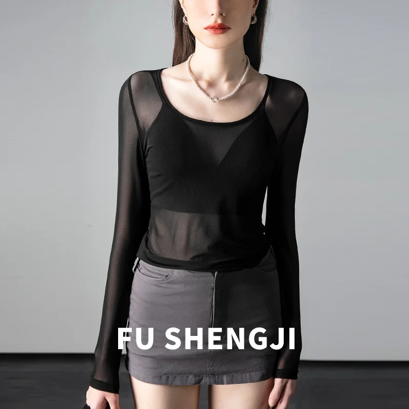 Black Mesh Yoga Top Thin Long Sleeve See through Base Shirt Half Transparent over Shirt Korean Style Commute Pure Color T-shirt