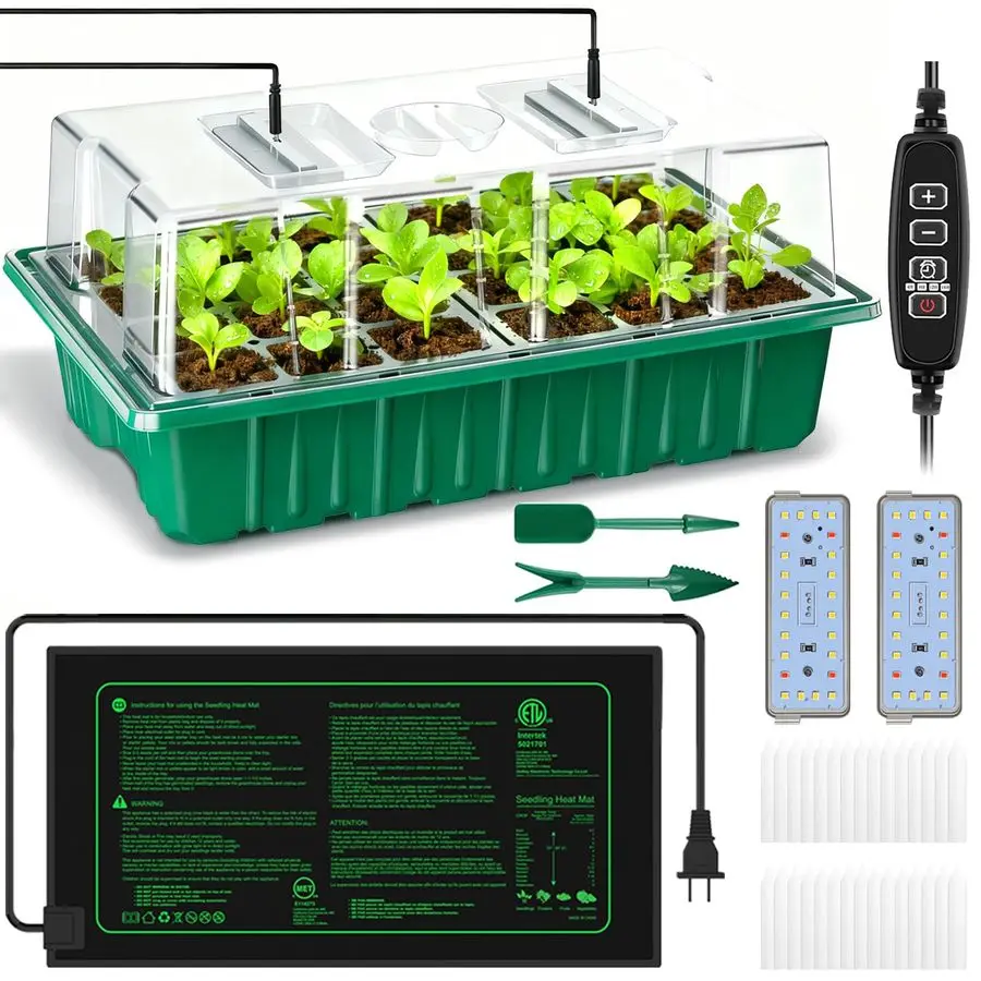 

Комплект для выращивания рассады: лотки для семян с фитолампами и тепловой подогреваемой подложкой, 36 увеличенных ячеек, 4 таймера, высокие купола для контроля влажности