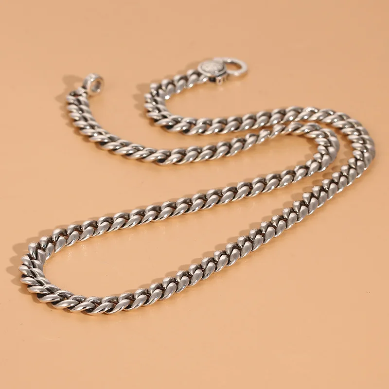 

S925 sterling silver Cuban link chain Thai silver six words mantra simple bare tank necklace domineering clavicle chain