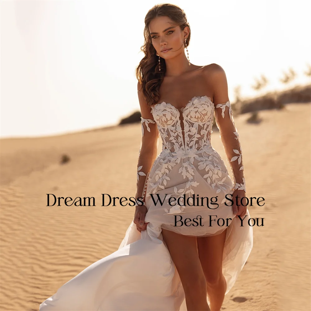 DREAM Spitze Lange Ärmel A-Linie Brautkleid Applizierte Schatz Open Back Tüll Falte Brautkleid Vestidos De Novia Angepasst