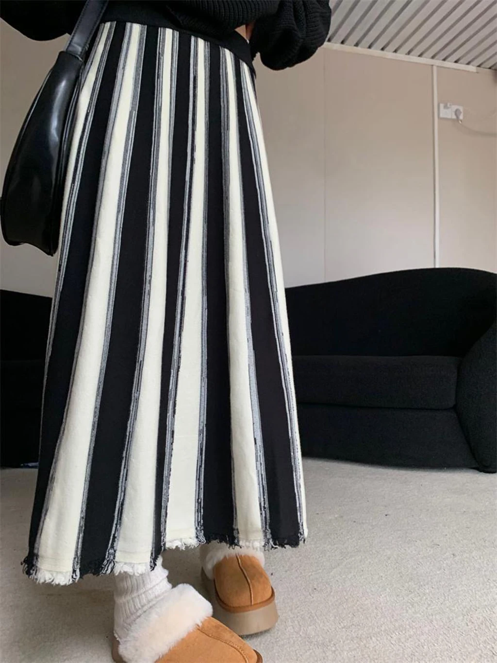 فستان نسائي مخطط بتصميم عتيق لخريف وشتاء 2025 فستان عالي الخصر على شكل حرف a ، فستان محبوك غير رسمي فضفاض وعصري