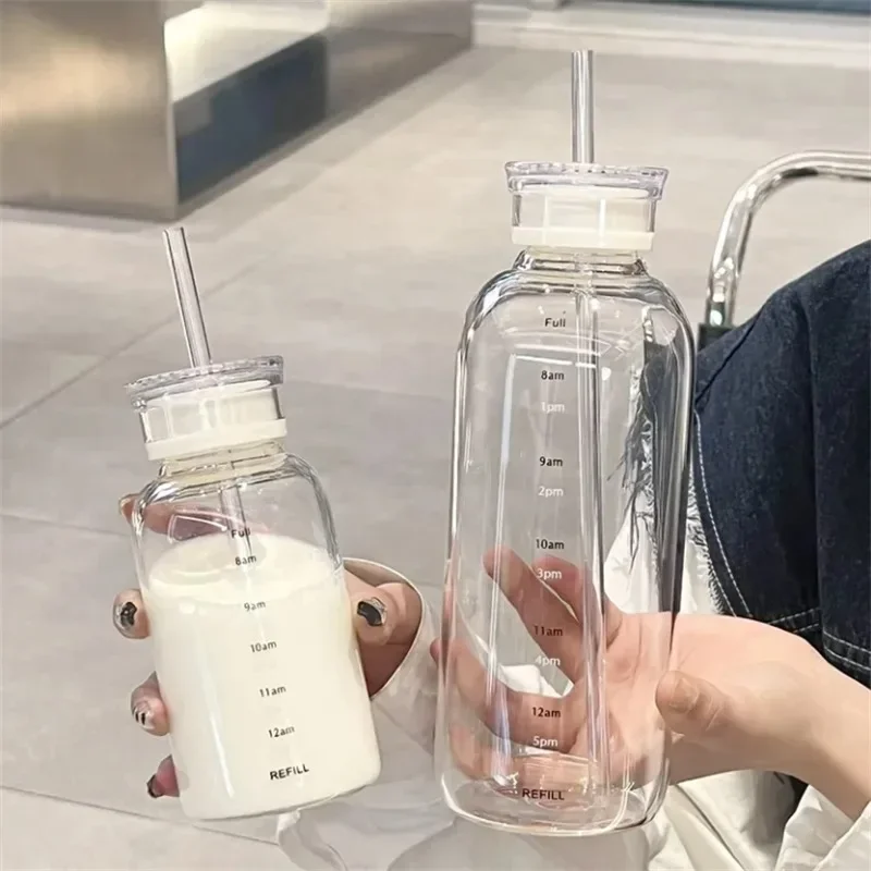 1pc 300m 480ml 700ml Reusable Glass Water Bottle with Time Scale and Straw BPA-Free Double Lid Hand Wash Only Recycled Material