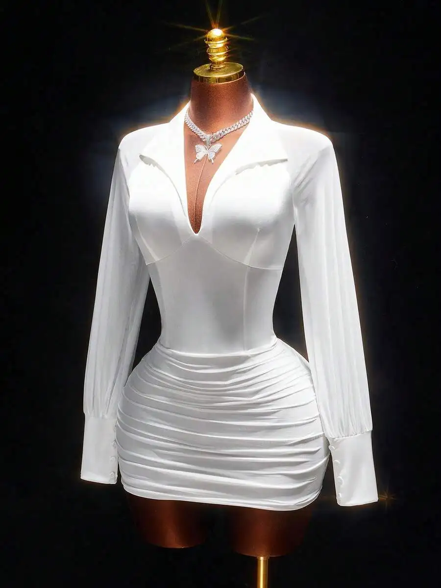 White Long Sleeve V-Neck Ruched Mini Dress For Women