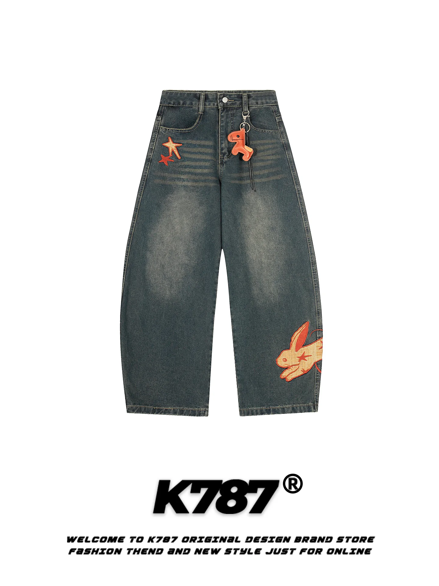 

K787 American Retro Rabbit Embroidery Knife Jeans Loose Casual Women's Jeans Straight Leg Cotton Polyester Blend Autumn Casua...