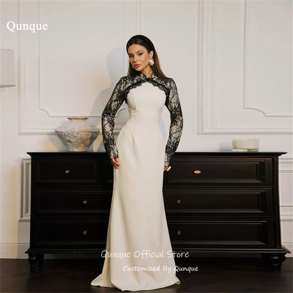 

Qunque Satin Long Lace Sleeves Evening Dress Black Lace Mermaid Party Dresses High Neckline Maxi Vestidos De Festa Customized