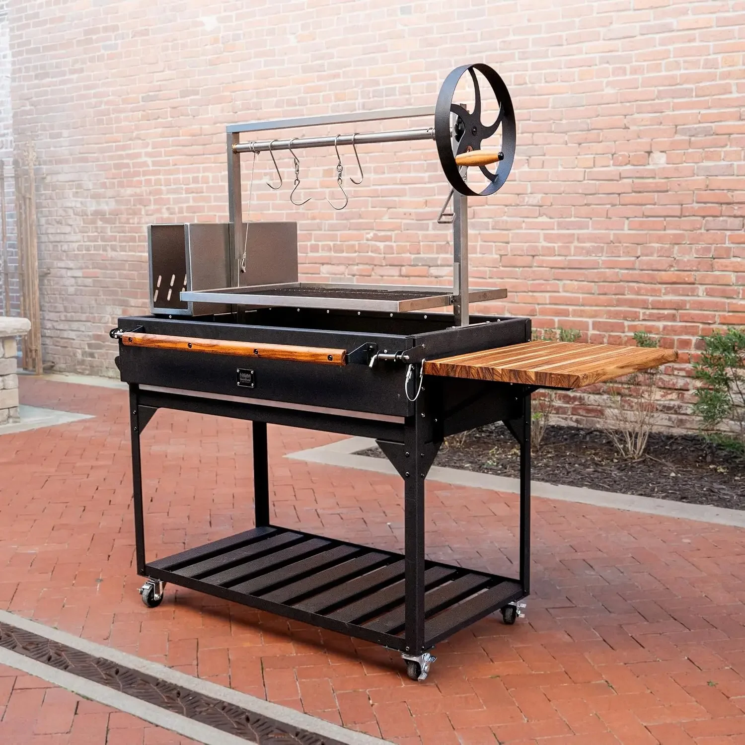 Argentine Santa Maria Wood Fire & Charcoal BBQ Grill with Brasero, Adjustable Grill Grates, Fire Bricks, Heavy-Duty Steel, S-Hoo