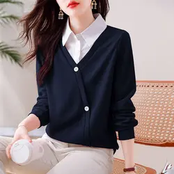 Spring Autumn Long Sleeve Patchwork Fake Two Piece Tops Polo Neck Contrast Loose Casual T Shirts Vintage Elegant Women Clothing