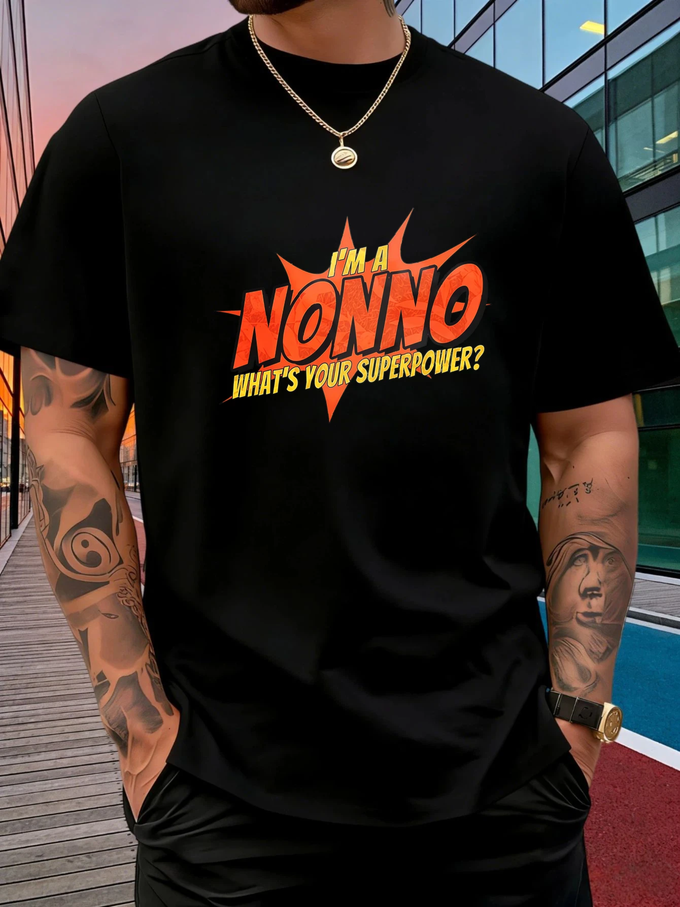 Male Cotton Short Sleeve T Shirt Nonno Superpower Text Pattern Loose Crew Neck Funny Casual Summer Tees For Young Adult Men