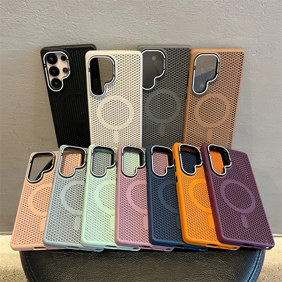 Honeycomb Mesh Cooling For MagSafe Case for Samsung Galaxy S25 Ultra S24 S23 Alloy Lens Bracket Wireless Charge Hard Matte Cover - Image 2