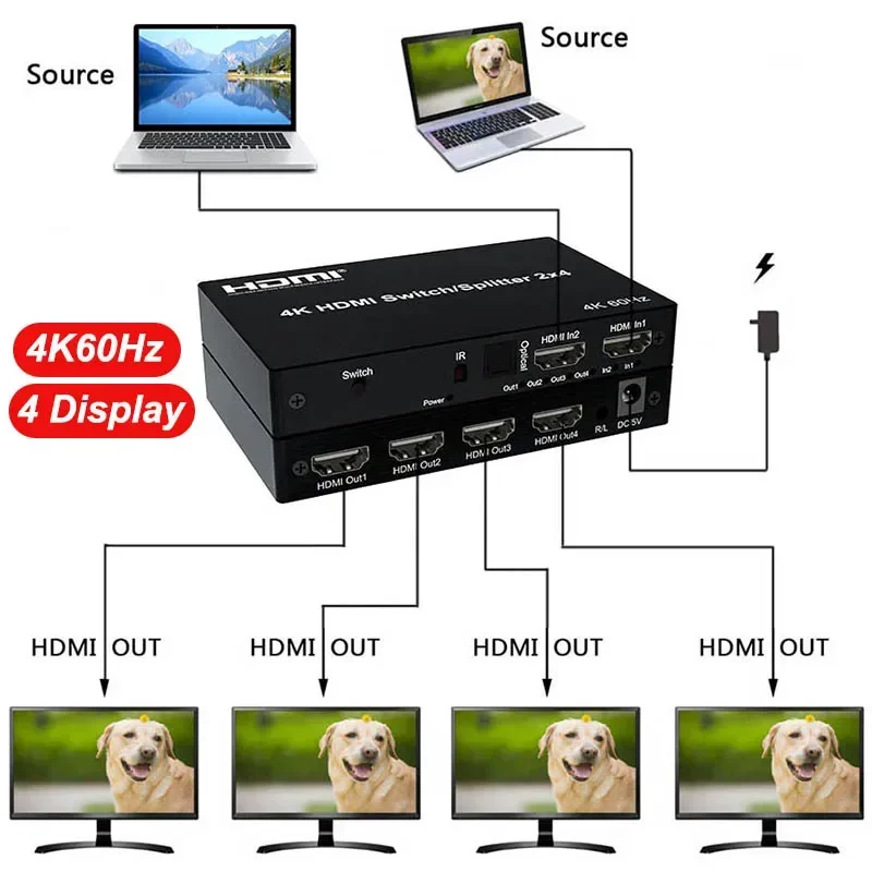 

4K 60Hz 2x4 HDMI Switch Splitter 3D SPDIF 3.5mm Audio Extractor Video Distributor Converter for PS4 DVD Laptop PC To TV Monitor