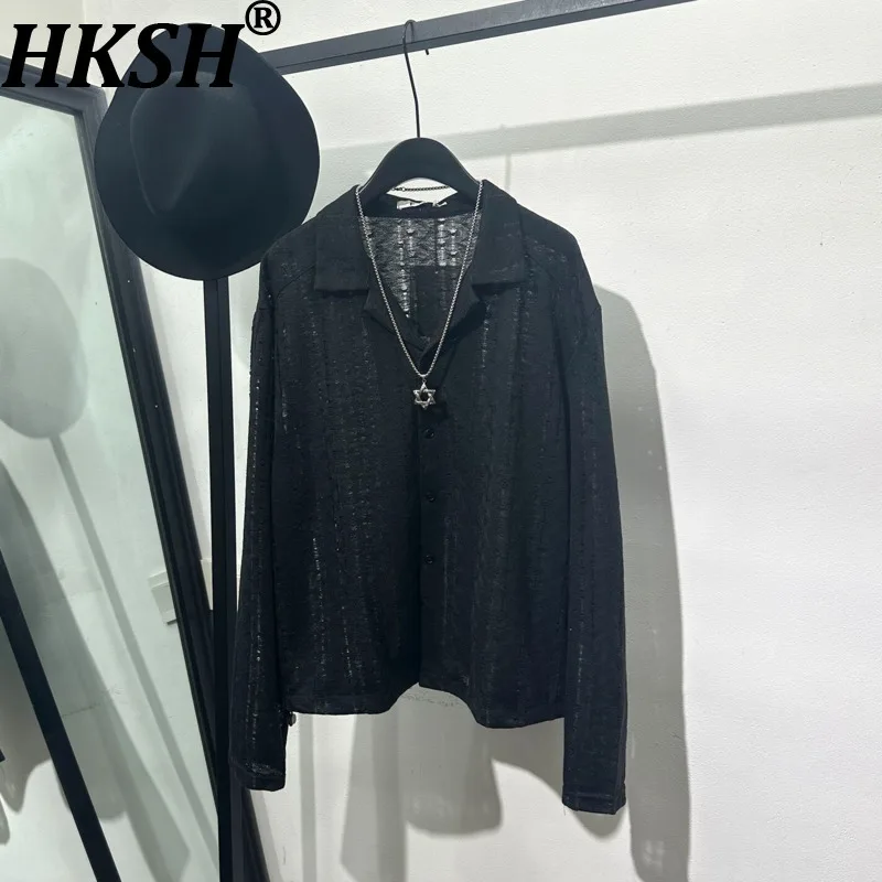 HKSH Spring Autumn New Men Unique Retro Hollow-Out Knitted Sweater Women Turn-Down Collar Old Money Style Vibe Y2K Shirt HK27642