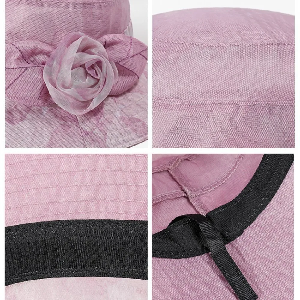 Portable Flower Sun hat Wide Brim Organza Middle-aged Fisherman Hat Foldable Breathable Thin Basin Hat