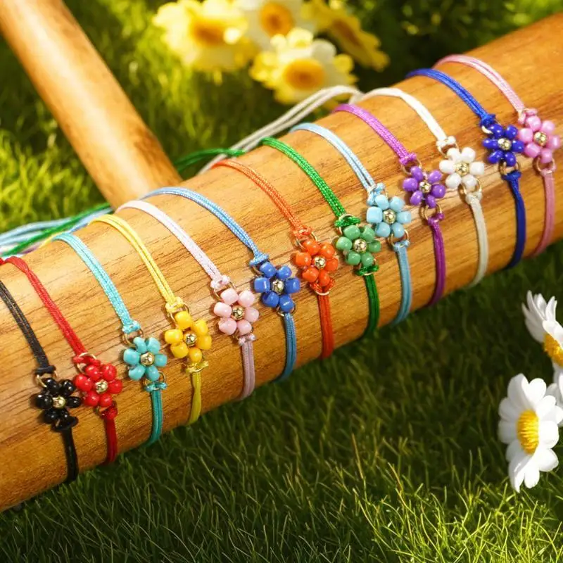 Flower Beaded Bracelets Adjustable Soft Nylon Cord Sweet Cute Jewelry for Teen Girls Summer Camp Daily Wear