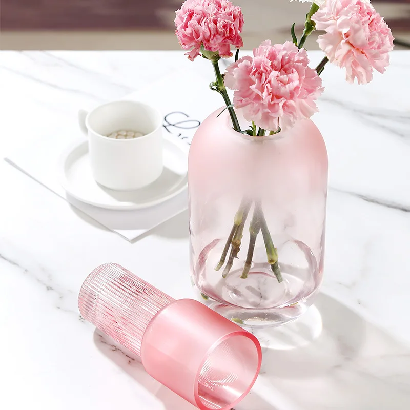 Frosted Pink Glass Vase Decoration Transparent Flower Vase Nordic Living Room Dining Table Soft Ornament Light Luxury