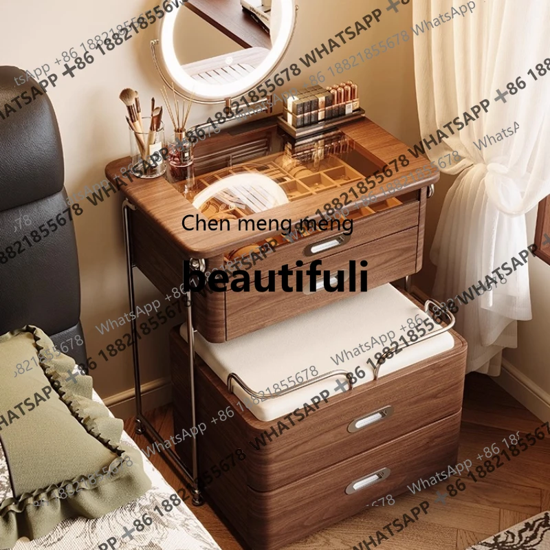 

Dressing Table Makeup Table Storage Cabinet Solid Wood French Retro Walnut Color Bedroom