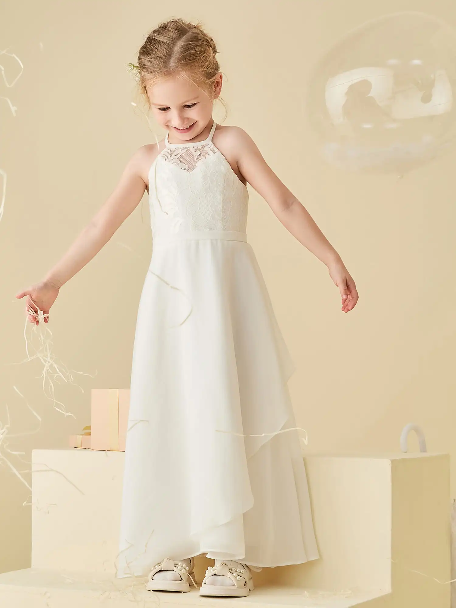 Vestido elegante de encaje con espalda abierta para niña, vestidos de novia fruncidos de línea A, vestidos de fiesta hasta la rodilla para cumpleaños