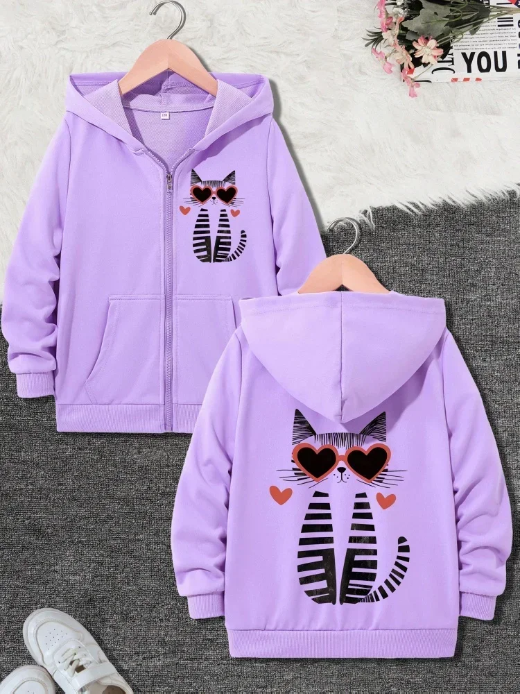 Lovely Heart Sunglasses Striped Cat Dual Print Kids Purple Zip Hoodie Pocket Design Comfort Casual Children Fashion Jacket