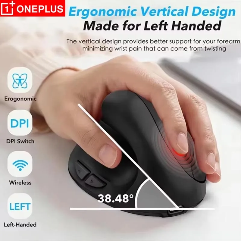 Oneplus New 2.4G Wireless Vertical Mouse Ergonomic Upright Silent Rechargeable with Anti-Sleep Function For Left Handed Use Only