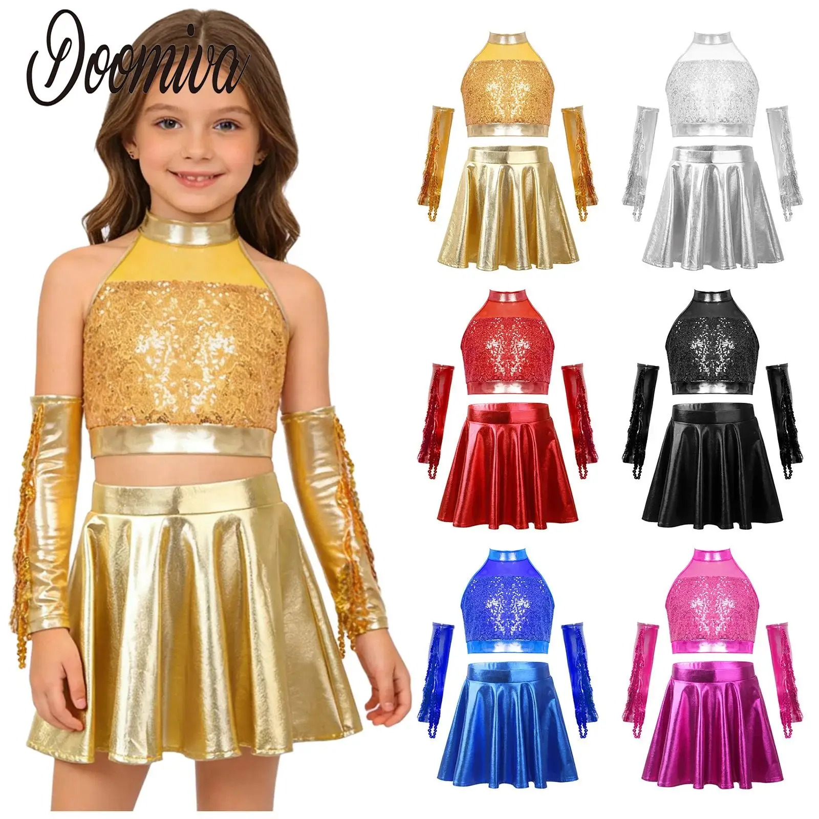 

Kids Girls Sequins Jazz Dance Performance Costume Outfit Modern Dancewear Sleeveless Crop Top with Skirt Sequined Tassels Gloves