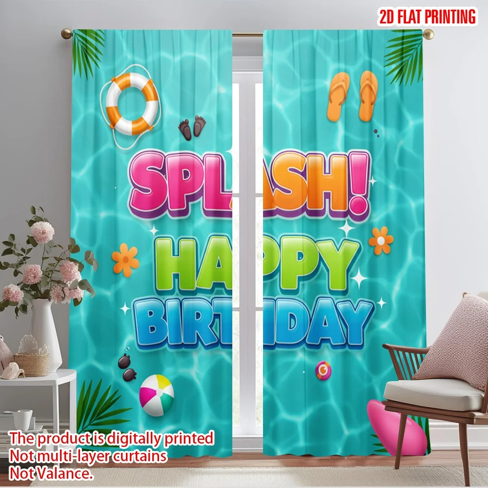 

2pcs 2D flat printing Curtains Pool Party Happy Birthday Fabric Without Electricity 0 Use for Photo Booth Props