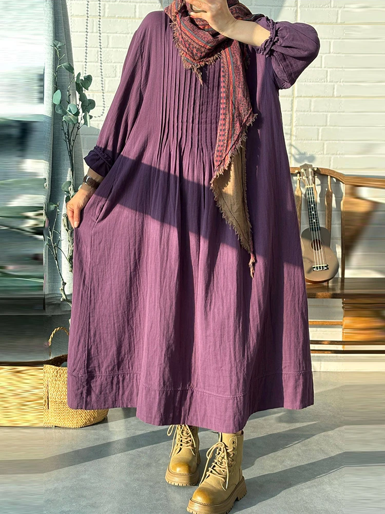 

100% Cotton Women Casual Dress New Arrival 2025 Autumn Vintage Style O-neck Solid Color Loose Female A-line Long Dresses M2193