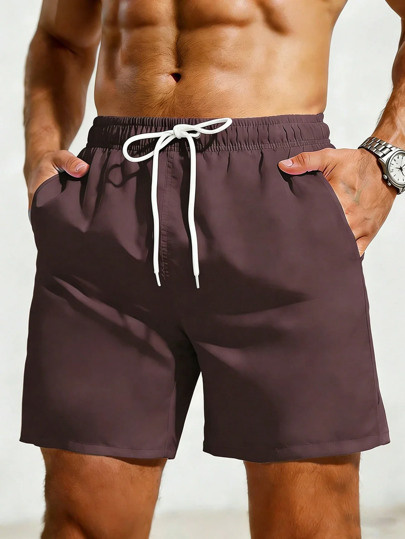 

Men Solid Color Drawstring Waist Beach Shorts With Pockets