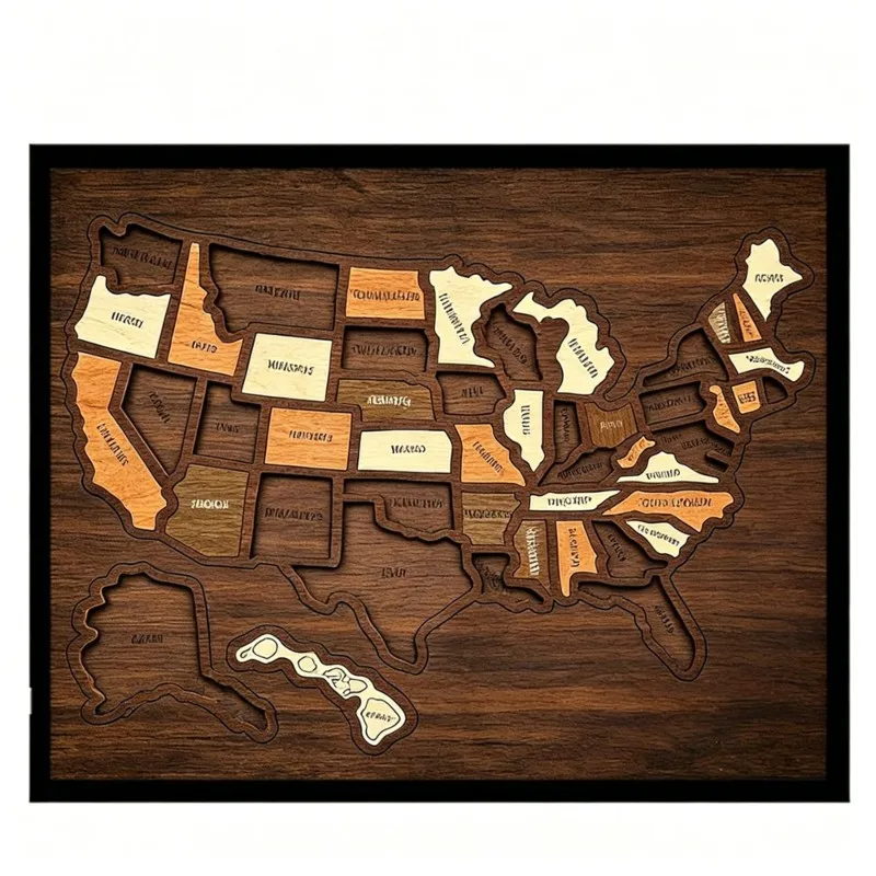 WOWFU-Wooden USA Travel Map Puzzle Portable Travel Jigsaw Puzzle Educational For Home Wall Decor Learning Creative Gift