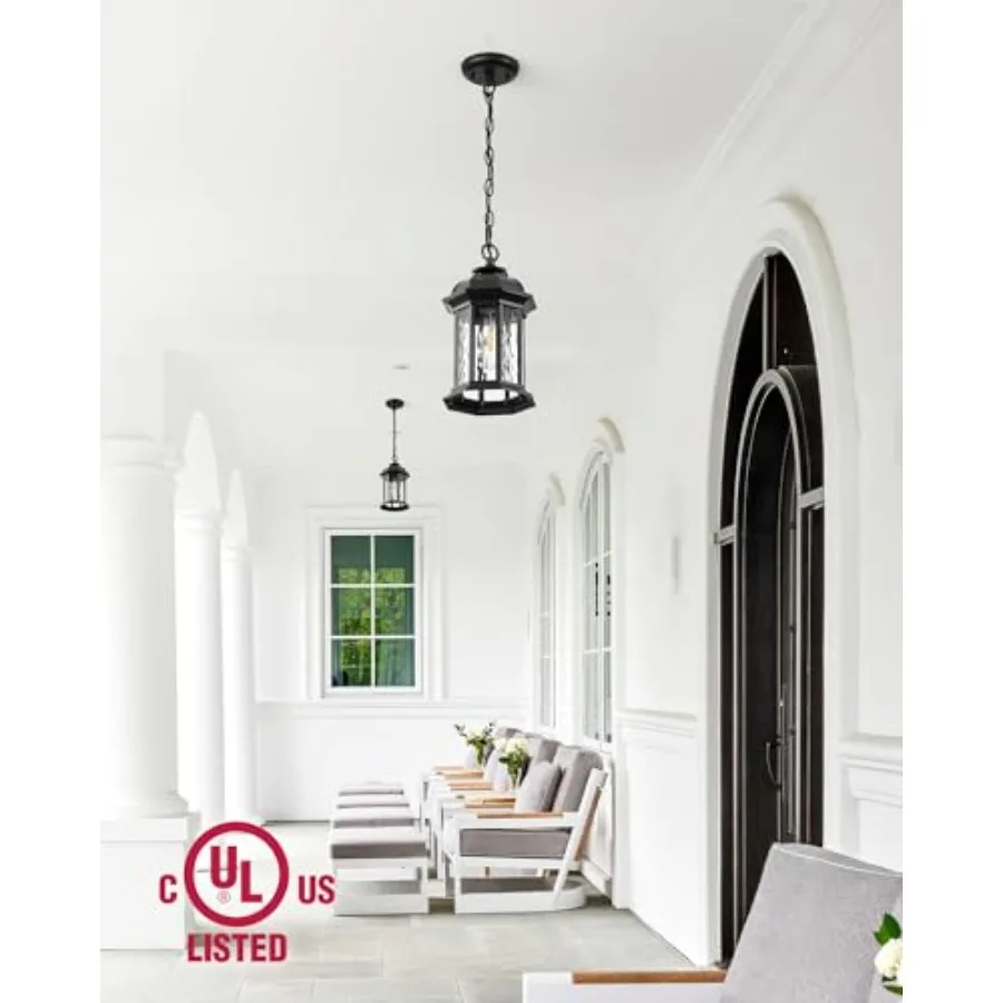 Outdoor Pendant Lights for Porch Lantern, Black Exterior Hanging Lights Fixtures with Adjustable Chain, Modern Outside Hanging
