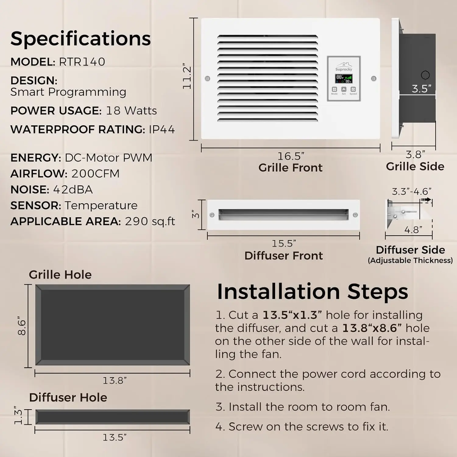 Kamer-tot-kamer luchtoverdrachtventilator, afzuigventilator door de muur met intelligent geprogrammeerd luchtuitwisselsysteem, bekabeld, 3 snelheden