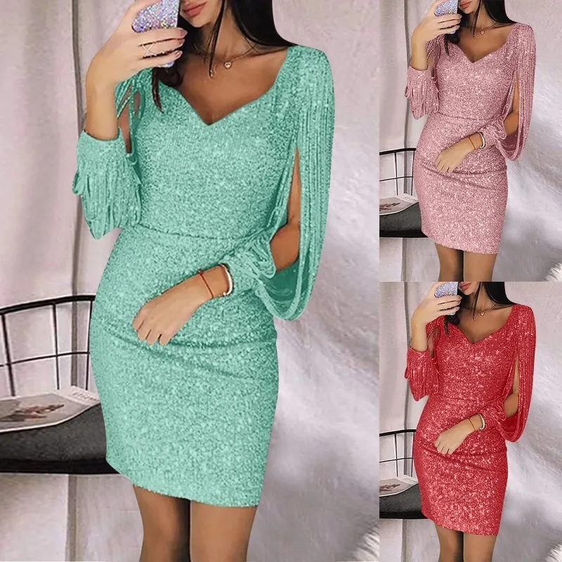 Sexy Women Evening Party Solid Dresses Sequined Stitching Shining Club Sheath Long Sleeved Mini Sexy Dress Women Casual 2023