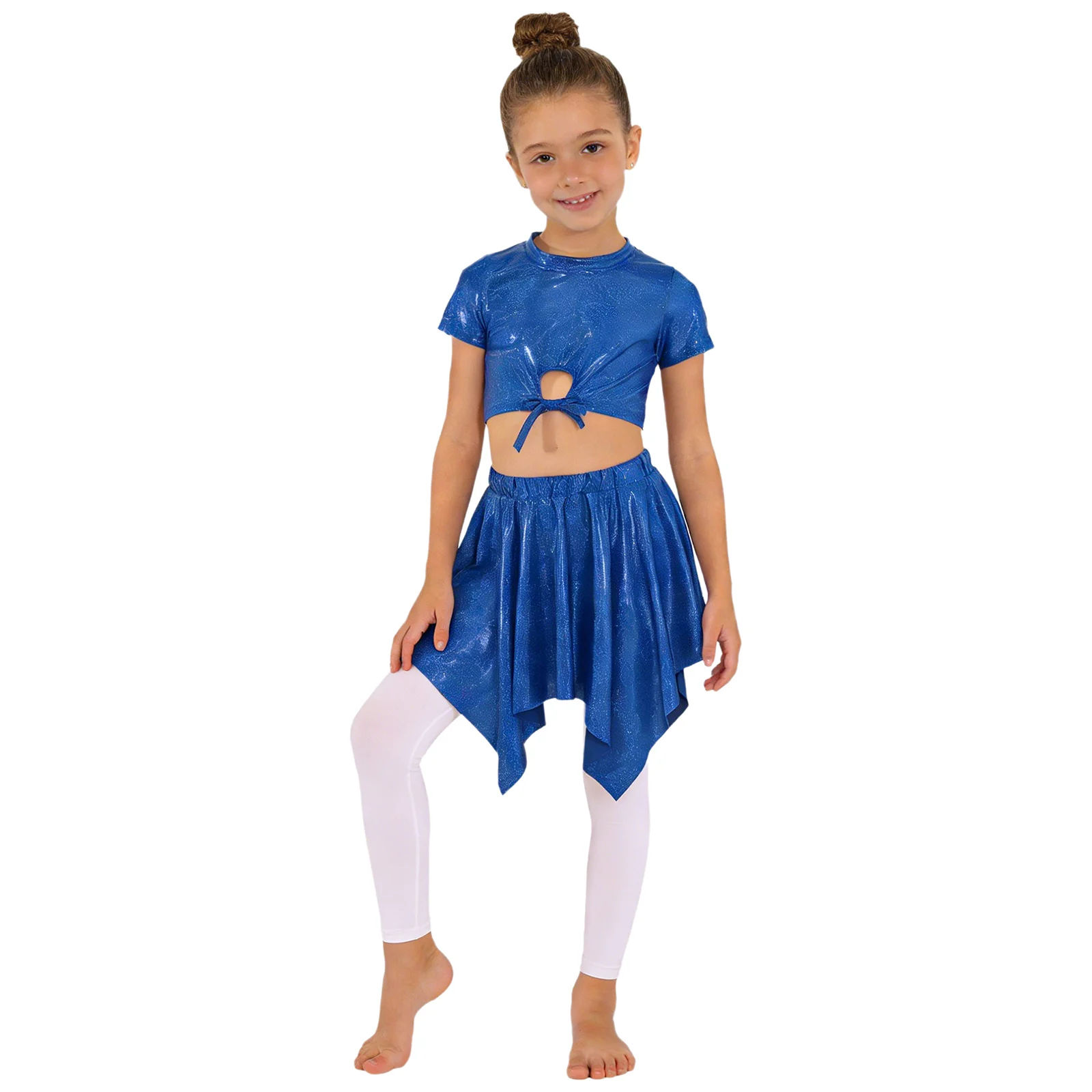 Kids Girls Gymnastics Jazz Dance Performance Costume Metallic Short-sleeve T-shirt with Skirt Hip Hop Cheerleading Stage Outfit