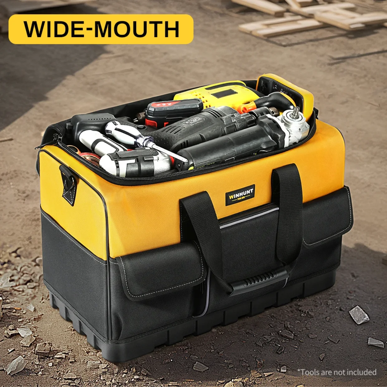 Heavy-Duty Tool Bag with Wide Mouth & Molded Bottom - Adjustable Shoulder Strap, Durable Polyester, Yellow/Black