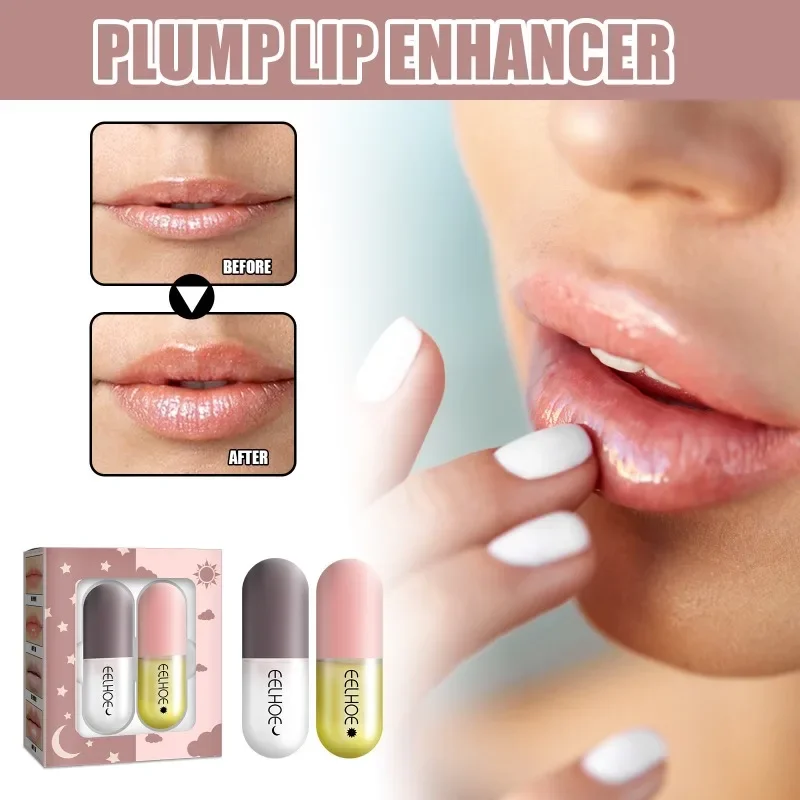 Day Night Lip Plumping Liquid Increase lip elasticity Plump hydrating Moisturizing Anti dry cracking reduce lip lines care Set