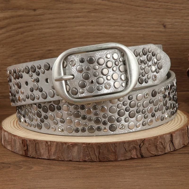 Western Punk Street Heavy Metal PU Leather Women Belt Irregular Rivet Jeans Pin Buckle Belt for Ladies
