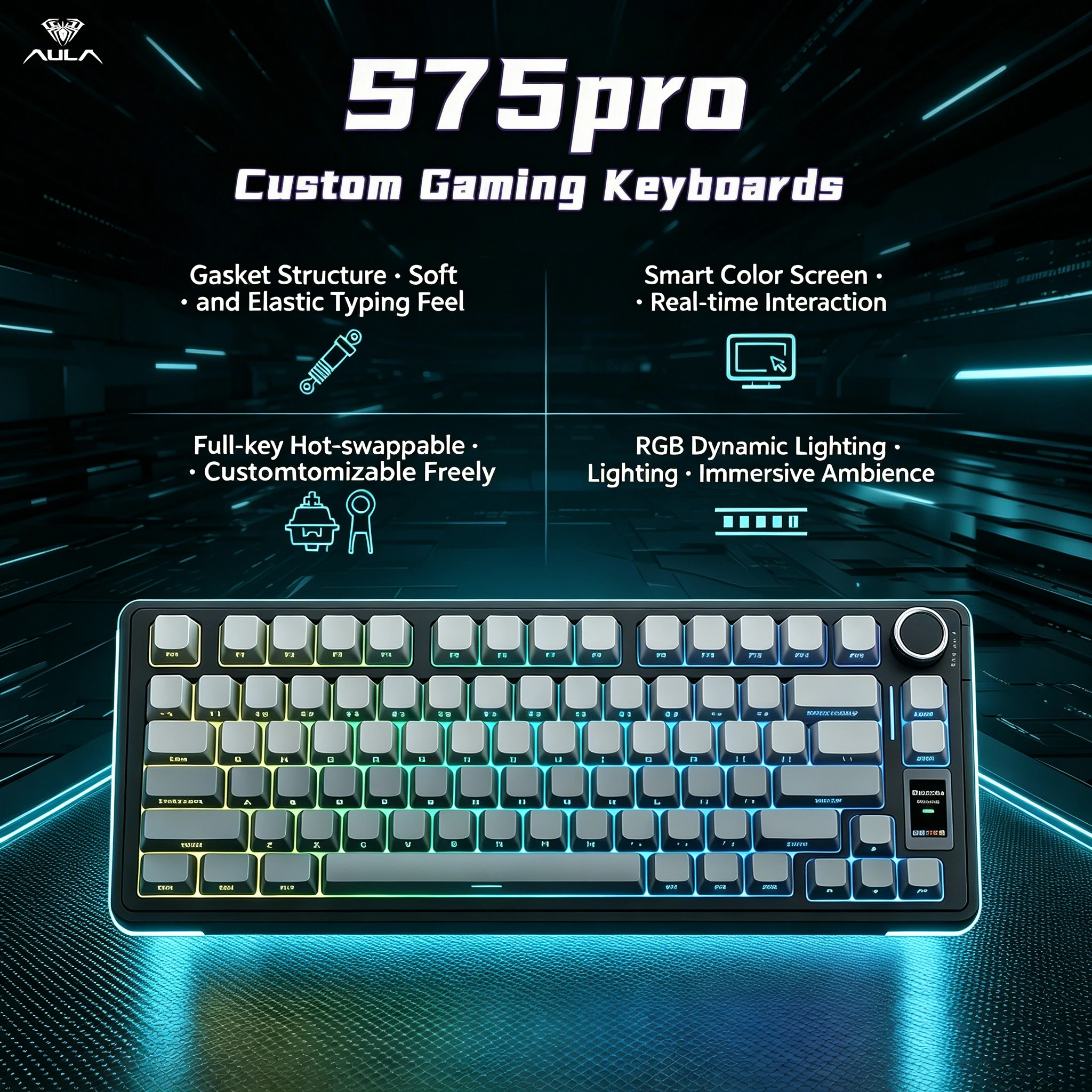 AULA S75pro Kabellose Mechanische Tastatur mit Bluetooth/2,4GHz/USB-C-Schnittstelle, Ausgestattet mit RGB-Hintergrundbeleuchtung und PBT-Tastenkappen