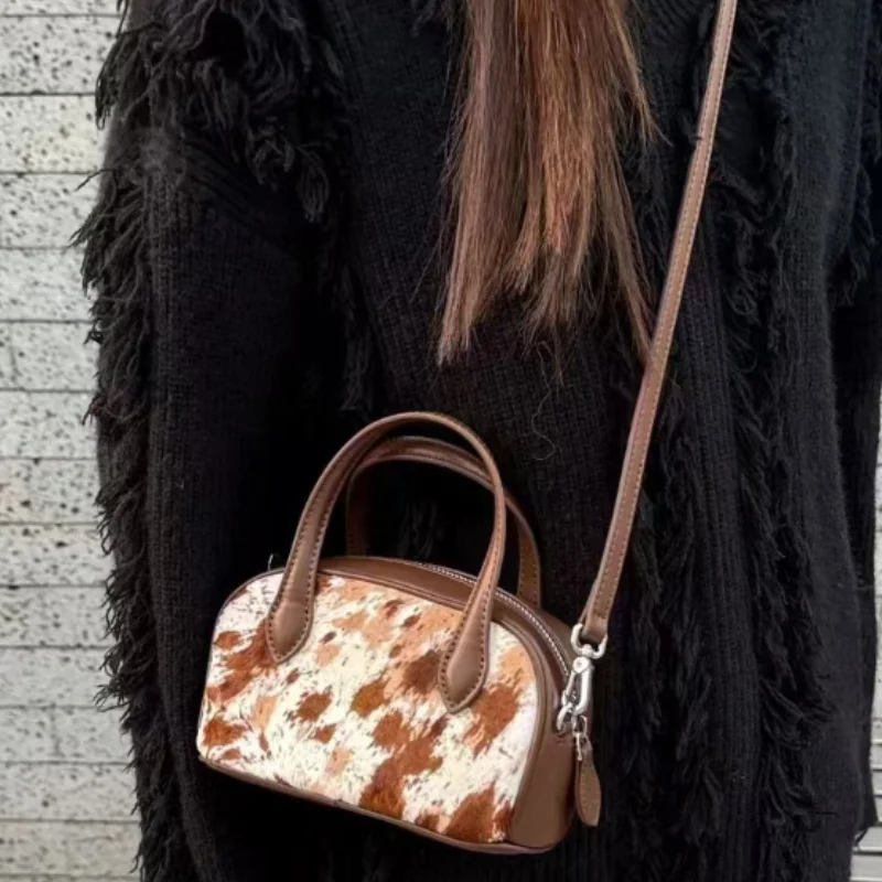 

Genuine Leather Horsehair Handbag High-end Retro Fashion Design Bowling Bag With Exquisite Zipper Evening Shoulder Crossbody Bag