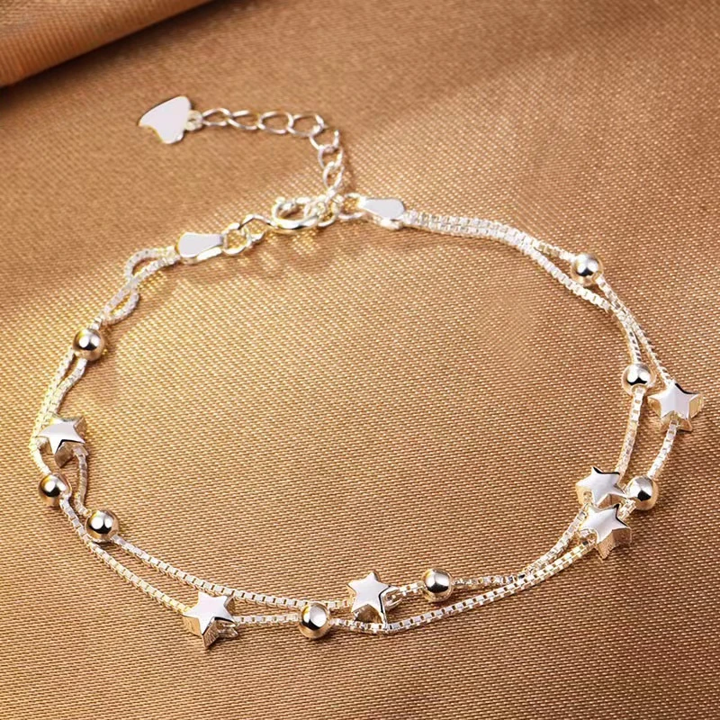 925 Sterling Silver Bead Bracelets For Women Korean Designer Double Layer Stars Chain Bracelets Luxury Party Wedding Jewelry