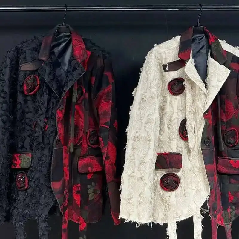 Design Silhouette Suit Jacket Autumn 2024 New Loose Slimming Splicin Knitted Red Flowers Contrast Color Mal SDE45