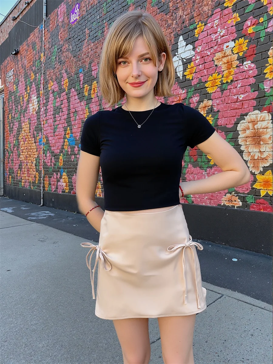 

Smooth Solid Mini Skirts Women Tiered Pleat Drawstring Skirt Cute Feminine Elegant Artistic Patchwork Applique Versatile Classic
