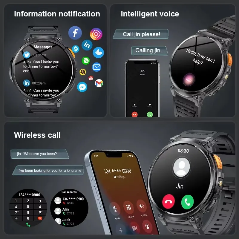 New 1.85'' Screen Outdoor Sport Smartwatch Men Heart Rate Flashlight Watch 730mAh Battery Waterproof Wireless Call Smart Watch