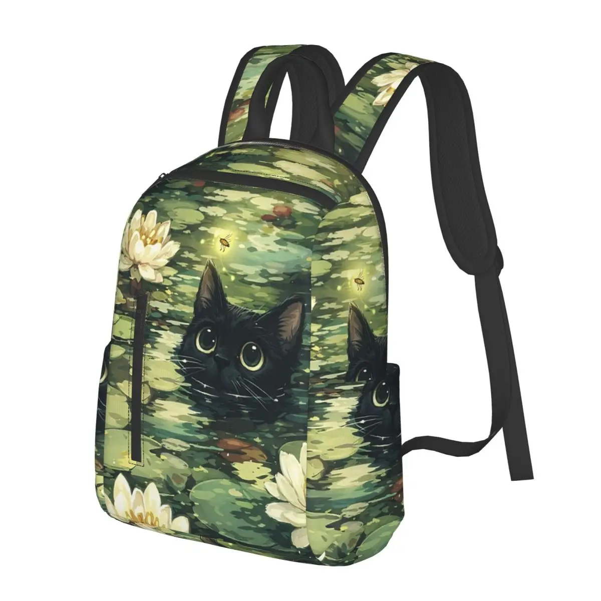 

Black Cat In The Pond Cartoon Student Backpack School Bag Hiking Travel Daypack for Boys Girls Bookbag Shoulder Bags