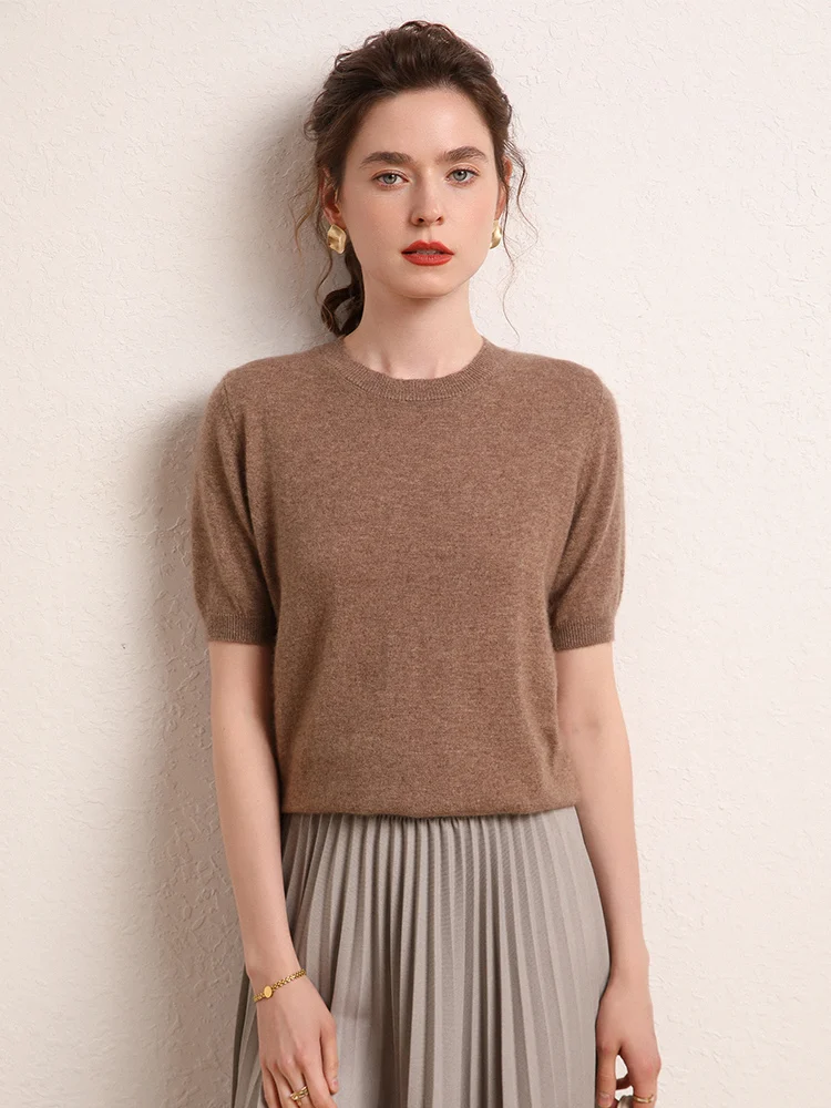 T-shirt in Cashmere da donna o-collo maglione Pullover manica corta per la primavera estate 100% maglieria in Cashmere abbigliamento Basic femminile