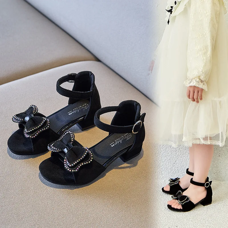 

2025 New Summer Fashion Bow Tie Girls Children Sandals Girls' Cute Princess Square Heel Dance Suede Shoes for Girls Shoes 27-37