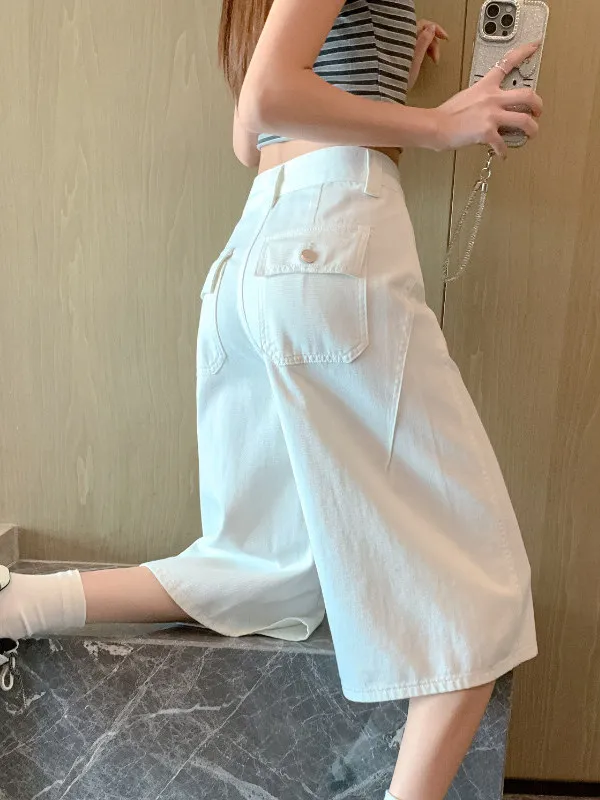 American Style High Waist Wide Leg Jeans Shorts Women Summer New Small Size Loose Match All mid Pants Breathable Skin-Friendly