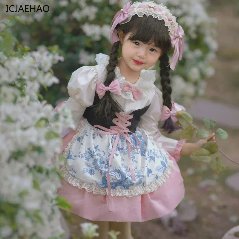 

2025 Kid Girl Lolita Costume Dresses Vintage Pictorial Princess Birthday Party Dress Children Long Sleeve Spring Clothes Costume