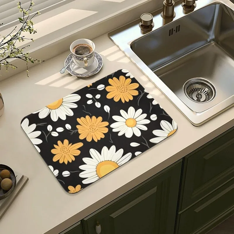 Super Absorbent Floral Dish Drying Mat Quick Dry Kitchen Countertop Protector Pad Vintage Coffee Maker Mat Non Slip Art