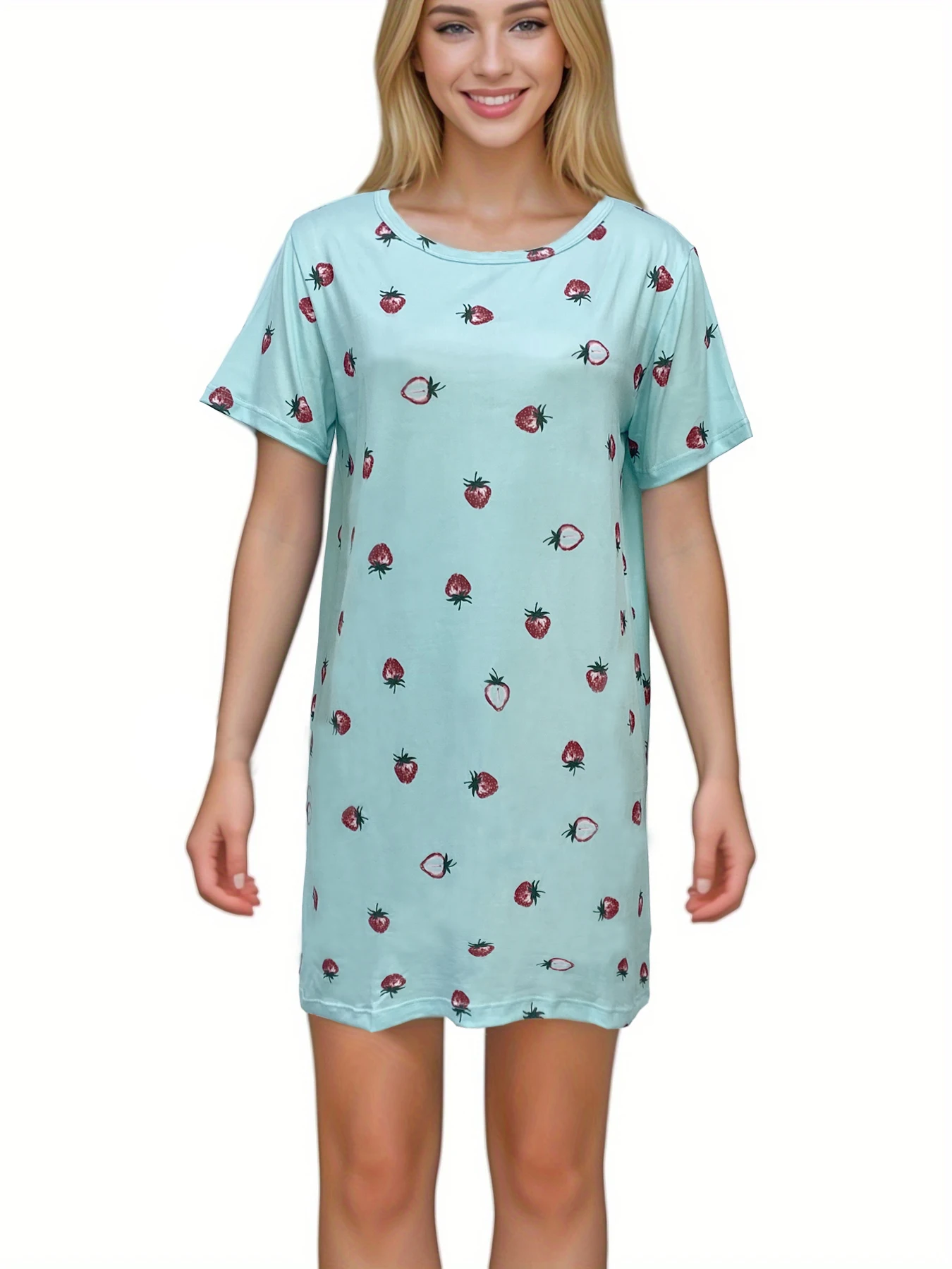 Allover Strawberry Print Nightgown Casual Short Sleeve Round Neck Loose Fit Sleep Dress Women\'s Sleepwear