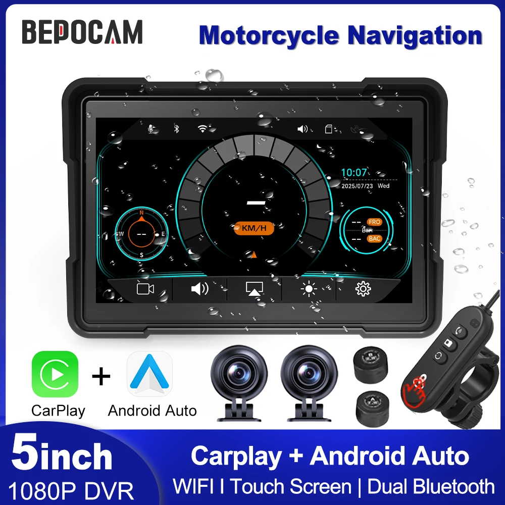 BEPOCAM 5 ''دراجة نارية DVR الملاحة GPS اللاسلكية CarPlay أندرويد السيارات Airplay عرض شاشة تعمل باللمس المحمولة موتو مراقب IPX7 #1