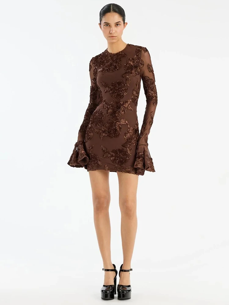 

Изысканное коричневое прозрачное вечернее платье с цветочным принтом и рукавами-колокольчиками, сексуальное мини-платье для выпускного вечера