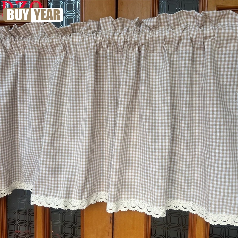 

Korean Cotton And Linen Khaki Plaid Short Curtains For Kitchen Japanese Lattice Half Curtain Living Room Coffee Valnace #A456